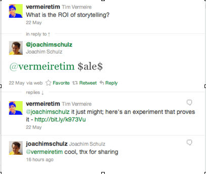 Twitter conversation with @joachimschulz about ROI of Storytelling